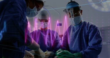 Cerrahlar üzerinde kalp atışı ve veri işleme imgesiyle operasyon yapıyorlar. Cerrahi, tıbbi, sağlık, teknoloji, izleme, yenilik