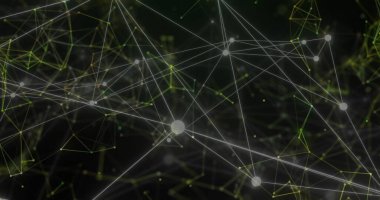 Siyah arkaplandaki bağlantı ağının resmi. Küresel bağlantılar, hesaplama ve dijital arayüz konsepti dijital olarak oluşturuldu.