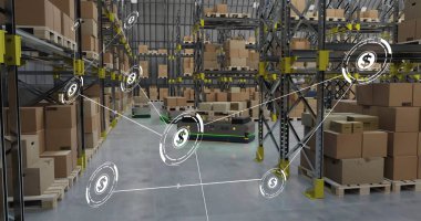 Depodaki robotların üzerindeki simgelerle olan bağlantı ağının resmi. Küresel gönderim, iş, bağlantılar, hesaplama ve veri işleme kavramı dijital olarak oluşturuldu.