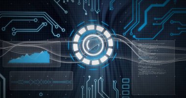 Bağlantı ve tarama ağı üzerinden dijital veri işleme resmi. Dijital olarak oluşturulmuş küresel bağlantılar, hesaplama ve veri işleme kavramı.