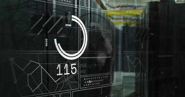 Dünya haritası ve grafikleriyle birlikte sunucu odasında dijital veri işleme ve analiz. Büyük veri, ağ, teknoloji, görselleştirme, siber, güvenlik