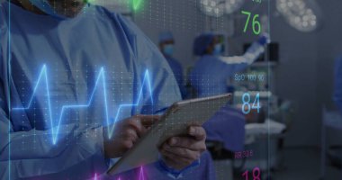 Hastanede çalışan sağlık uzmanları üzerinde tıbbi veri görüntüsü. teknoloji, ilaç, doktorlar, hemşireler, hasta, teşhis