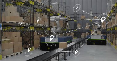 Depodaki robotların üzerindeki simgelerle olan bağlantı ağının resmi. Küresel gönderim, iş, bağlantılar, hesaplama ve veri işleme kavramı dijital olarak oluşturuldu.