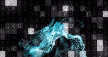 Siyah arkaplandaki veri işleme üzerinde mavi noktaların resmi. Desen, teknoloji ve dijital arayüz kavramı dijital olarak oluşturuldu.