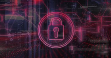 Bilgisayar sunucularında asma kilit simgesi ve veri işleme resmi. Küresel siber güvenlik, ağlar, bağlantılar, hesaplama ve veri işleme kavramı dijital olarak oluşturuldu.