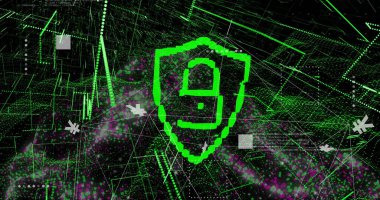 Asma kilit simgesi resmi, bağlantılar üzerinde dijital veri işleme. Dijital olarak oluşturulmuş küresel bağlantılar, hesaplama ve veri işleme kavramı.