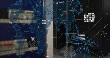 Ofis arkaplanı üzerinden veri noktaları ve ağ bağlantılarına sahip dünya haritası. Küresel, teknoloji, analitik, iş, dijital, arayüz