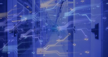 Bilgisayar sunucularında devre kartı ve veri işleme resmi. Küresel finans, iş, bağlantılar, hesaplama ve veri işleme kavramı dijital olarak oluşturuldu.