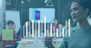 Şeffaf tahtaya çizim yapan, bar çizelgesi olan bir kadın. İş, analitik, grafik, sunum, öğretim, eğitim