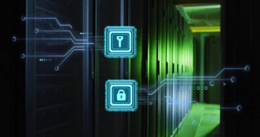 Digital security icons image over data center servers with green lighting. Cybersecurity, technology, protection, network, infrastructure, information clipart