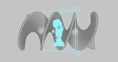 DNA ipliği üzerinde dönen biyometrik fotoğrafın görüntüsü. Küresel bilim, bağlantılar, hesaplama ve veri işleme kavramı dijital olarak oluşturulmuş görüntü.