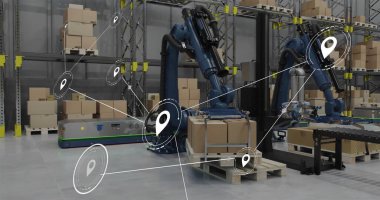 Depodaki robotların üzerindeki simgelerle olan bağlantı ağının resmi. Küresel gönderim, iş, bağlantılar, hesaplama ve veri işleme kavramı dijital olarak oluşturuldu.