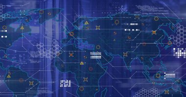 Bilgisayar sunucuları üzerinden küresel ve veri işleme resmi. Küresel finans, iş, bağlantılar, hesaplama ve veri işleme kavramı dijital olarak oluşturuldu.