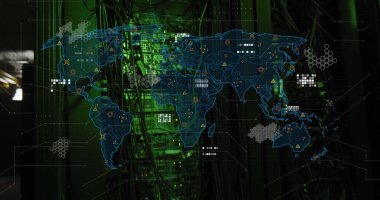 Sunucu odasında veri noktaları ve ağ bağlantıları olan dünya haritası. Teknoloji, ağ oluşturma, veri görselleştirme, sunucular, siber güvenlik, dijital