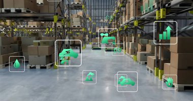 Deponun üzerinde ekoloji ikonları resmi. Küresel dağıtım ve dijital arayüz konsepti dijital olarak oluşturuldu.