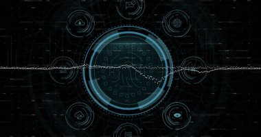 Güvenlik simgeleri üzerinde parmak izi ve mikroskop taraması. Küresel teknoloji, güvenlik ve dijital arayüz kavramı dijital olarak oluşturulmuş görüntü.