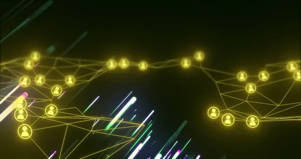 stock image Image of network of connections with people icons over light trails. Global connections, computing and data processing concept digitally generated image.