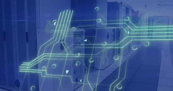 stock image Image of circuit board and data processing over computer servers. Global finance, business, connections, computing and data processing concept digitally generated image.