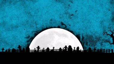 Dolunayın üzerinde mezar taşlarıyla siluetli mezarlık dokulu mavi arka planda animasyon. Ürkütücü, ürkütücü, gece, mezarlık, korku, Cadılar Bayramı