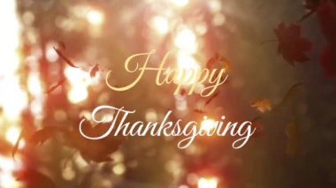 Düşen sonbahar yaprakları ve güneş ışığı üzerine Şükran Günü animasyonunuz kutlu olsun. Kutlama, şenlik, mevsimlik, selamlama