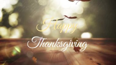 Sonbahar yapraklarının ahşap yüzeye düşüşü üzerine yapılan Şükran Günü animasyonunuz kutlu olsun. Kutlama, şenlik, tatil