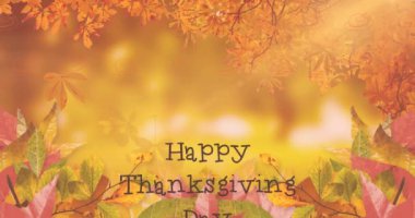Sonbahar yaprakları üzerinde Mutlu Şükran Günü metninin animasyonu. Şükran Günü, Amerikan geleneği, sonbahar ve sonbahar kutlaması dijital olarak üretilen video konsepti.