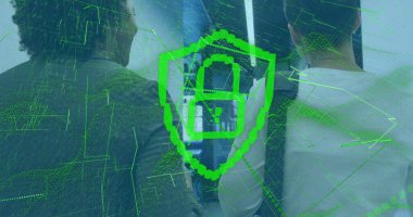 Digital security shield image over business people in office environment. Cybersecurity, protection, corporate, technology, defense, data clipart