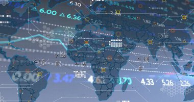 Dünya haritası üzerinde finansal veri işleme resmi. Küresel finans, iş, bağlantılar, hesaplama ve veri işleme kavramı dijital olarak oluşturuldu.