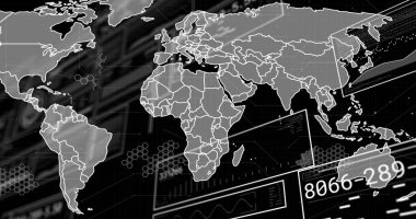 Veri işleme resmi ve dünya haritası siyah arkaplan üzerinde. Küresel finans, iş, bağlantılar, hesaplama ve veri işleme kavramı dijital olarak oluşturuldu.