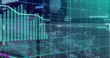 Siyah arkaplan üzerinde veri işleme resmi. Küresel finans, iş, bağlantılar, hesaplama ve veri işleme kavramı dijital olarak oluşturuldu.