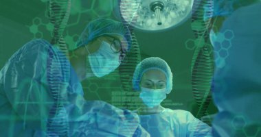 Image of data processing and dna strands over diverse surgeons during operation. Technology, medicine and digital interface concept digitally generated image. clipart