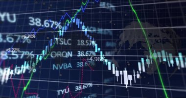 Karanlık arka planda finansal veri işleme resmi. Küresel finans, iş, bağlantılar, hesaplama ve veri işleme kavramı dijital olarak oluşturuldu.