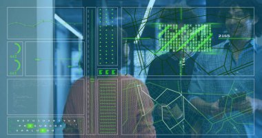 Veriler ve haritalar inceleniyor, ofisteki kişi üzerinde geleceksel arayüz görüntüsü. Teknoloji, yenilik, veri bilimi, analiz, dijital, görselleştirme