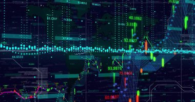 Karanlık arka planda finansal veri işleme resmi. Küresel finans, iş, bağlantılar, hesaplama ve veri işleme kavramı dijital olarak oluşturuldu.