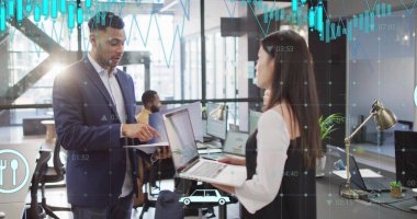 Modern ofisteki iş adamları üzerinde finansal veriler ve sağlık imajı. finans, teknoloji, işbirliği, takım çalışması, analiz, yenilik