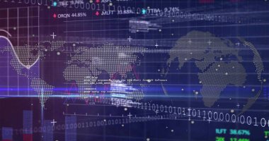 Dünya haritasında ikili kodlama ve finansal veri işleme görüntüsü. Küresel finans, iş, bağlantılar, hesaplama ve veri işleme kavramı dijital olarak oluşturuldu.