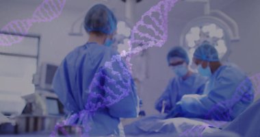 Image of data processing and dna strands over diverse surgeons during operation. Technology, medicine and digital interface concept digitally generated image. clipart