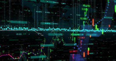 Karanlık arka planda finansal veri işleme resmi. Küresel finans, iş, bağlantılar, hesaplama ve veri işleme kavramı dijital olarak oluşturuldu.