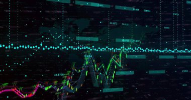 Karanlık arka planda finansal veri işleme resmi. Küresel finans, iş, bağlantılar, hesaplama ve veri işleme kavramı dijital olarak oluşturuldu.