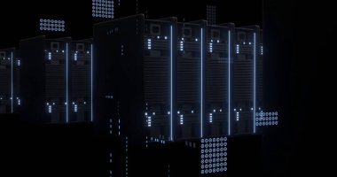 Bilgisayar sunucuları üzerinde devre kartı ve dijital veri işleme resmi. Dijital olarak oluşturulmuş küresel bağlantılar, hesaplama ve veri işleme kavramı.