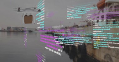 Veri işleme ve port üzerinde kutusu olan dron resmi. Küresel dağıtım, gönderme ve dijital arayüz kavramı dijital olarak oluşturulmuş görüntü.