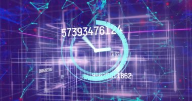 Parlayan ışık yollarında saat tik tak ve veri işleme görüntüsü. Dijital olarak oluşturulmuş küresel bağlantılar, hesaplama ve veri işleme kavramı.