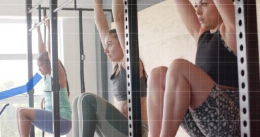 Women exercising on pull-up bars, fitness data processing over image. workout, exercise, strength, determination, training, athlete clipart