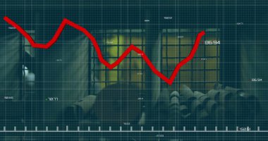 Endüstriyel fabrika arka planında kırmızı renk düşüyor. Ekonomi, durgunluk, durgunluk, sanayi, imalat, kayıp