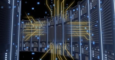 Bilgisayar sunucuları üzerinde devre kartı ve dijital veri işleme resmi. Dijital olarak oluşturulmuş küresel bağlantılar, hesaplama ve veri işleme kavramı.