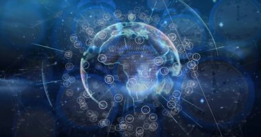 Dünya üzerindeki simgelerle bağlantı ağının resmi. Dijital olarak oluşturulmuş küresel bağlantılar, hesaplama ve veri işleme kavramı.