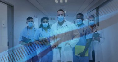 Çeşitli alt güvercinlerin üzerinde dönen DNA iplikçikleri. Küresel tıp, bağlantılar, hesaplama ve veri işleme kavramı dijital olarak oluşturulmuş görüntü.