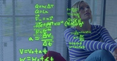 Image of equations over worried caucasian female student sitting in school corridor. Learning, education, data, science, mathematics and communication, digitally generated image. clipart