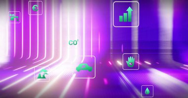 Energy and environmental icons image over futuristic purple and pink background. Sustainability, eco-friendly, renewable, clean energy, technology, digital concept clipart