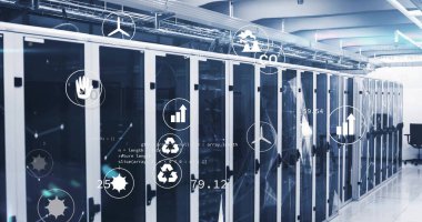 Sunucu odasında ekoloji simgeleri ve veri işleme resimleri. Küresel teknoloji, ekoloji ve dijital arayüz kavramı dijital olarak oluşturulmuş görüntü.